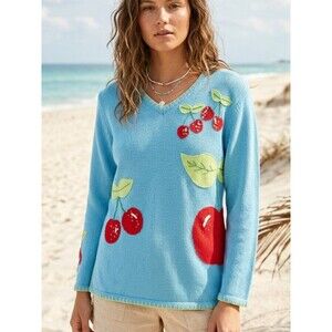 The Quacker Factory Light Blue Cherry-Print V-Neck Women's Sweater Size M